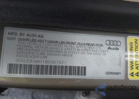 2008 Audi A4 2.0T from USA, damaged, VIN WAUDF48H18K007621